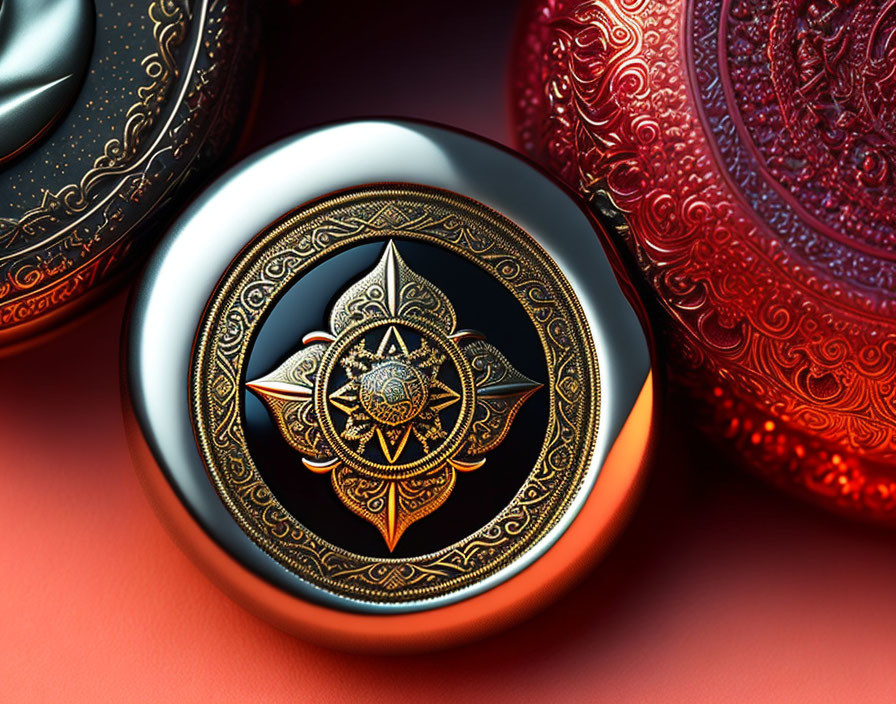 Ornate Metal Lids with Embossed Patterns on Red Background