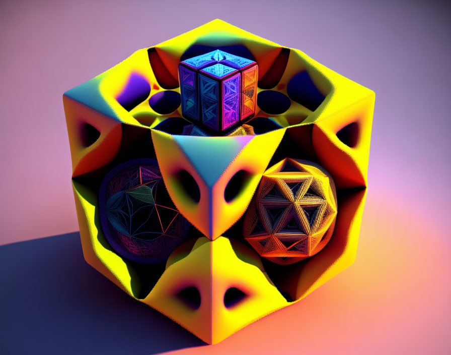 Vibrant 3D Cubic Frame with Neon Gradients & Geometric Patterns