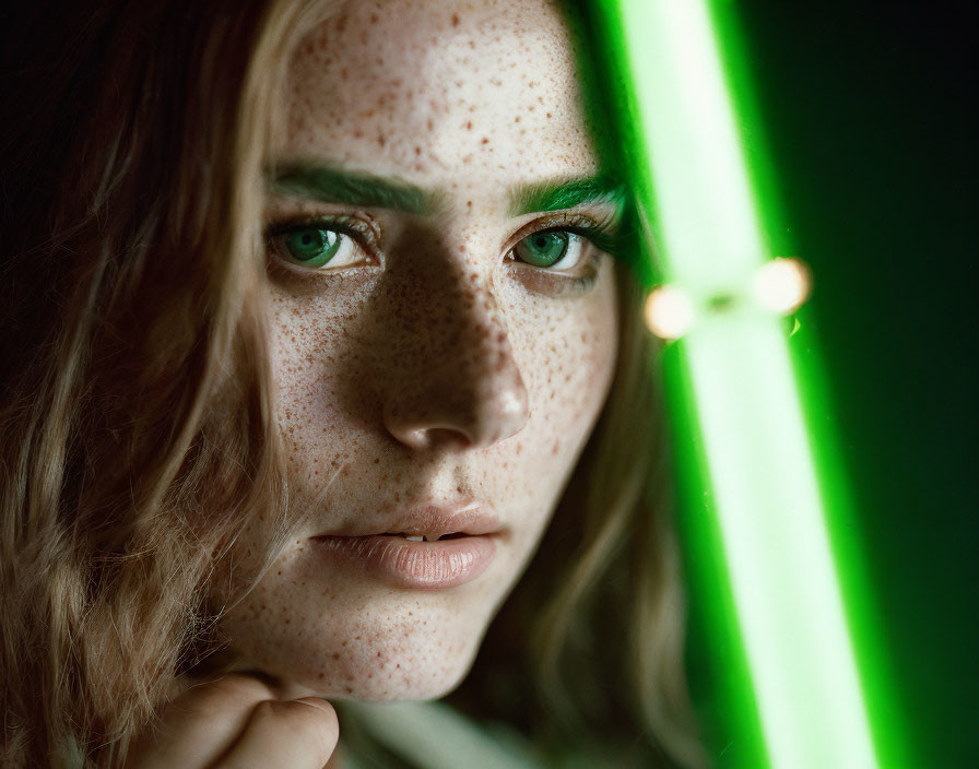 Portrait of Woman with Freckles and Green Glowing Light Reflection