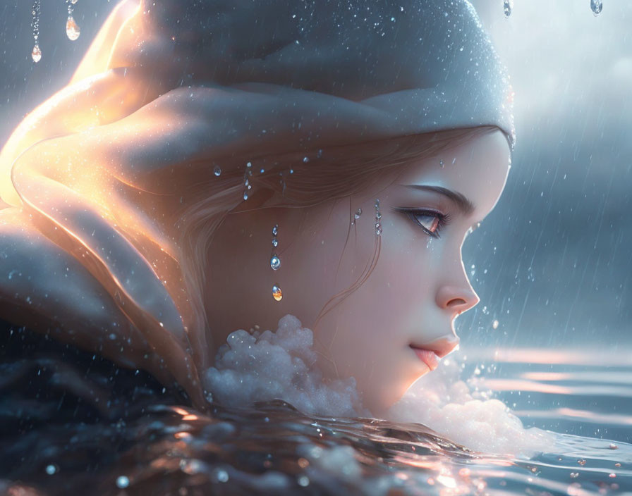 Illustrated girl in hood with serene expression by glistening water