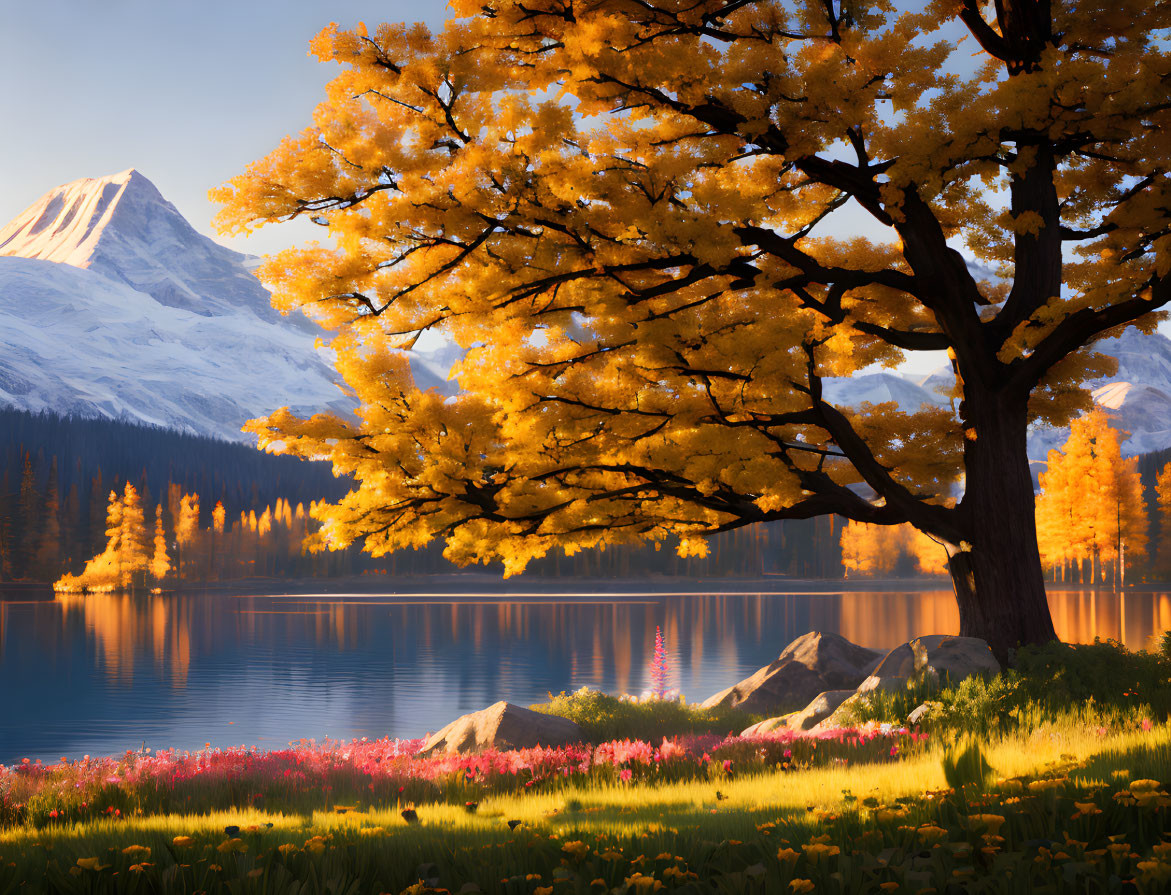 Scenic autumn landscape with golden tree, lake, mountains, and wildflowers