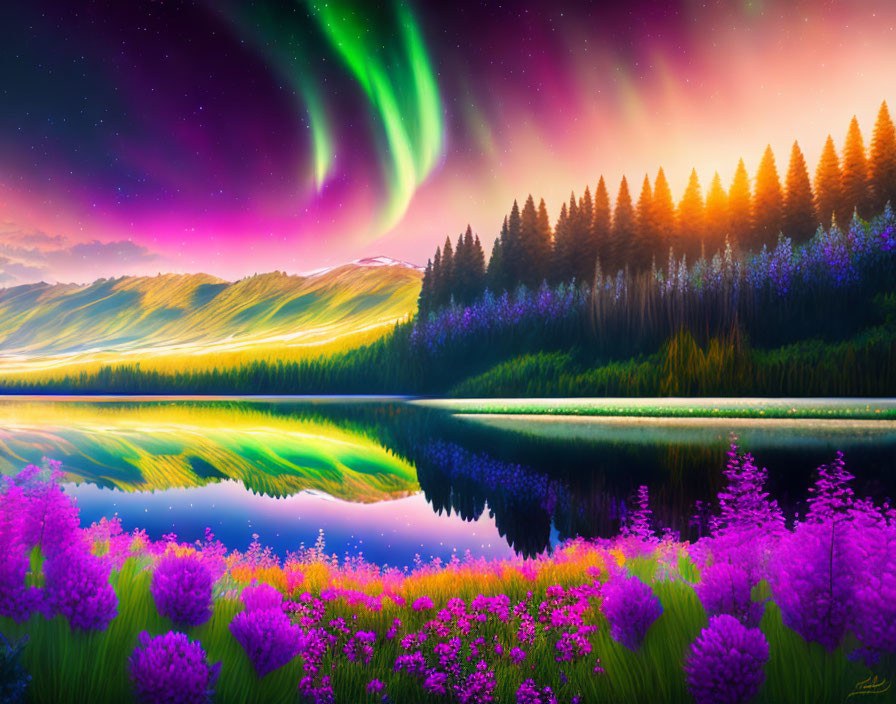 Scenic landscape: Northern lights over lake, lush forests, colorful flowers