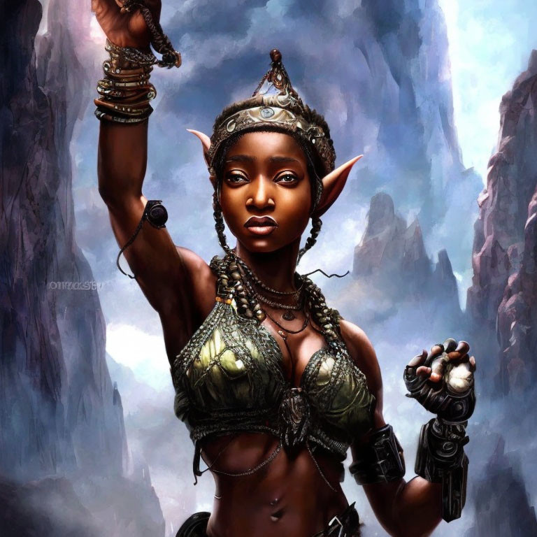 Dark-skinned fantasy character with pointed ears and intricate jewelry in mystical mountain setting