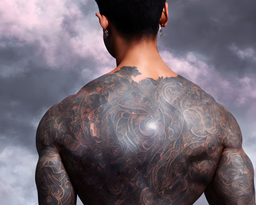 Muscular person with intricate back tattoo under cloudy sky