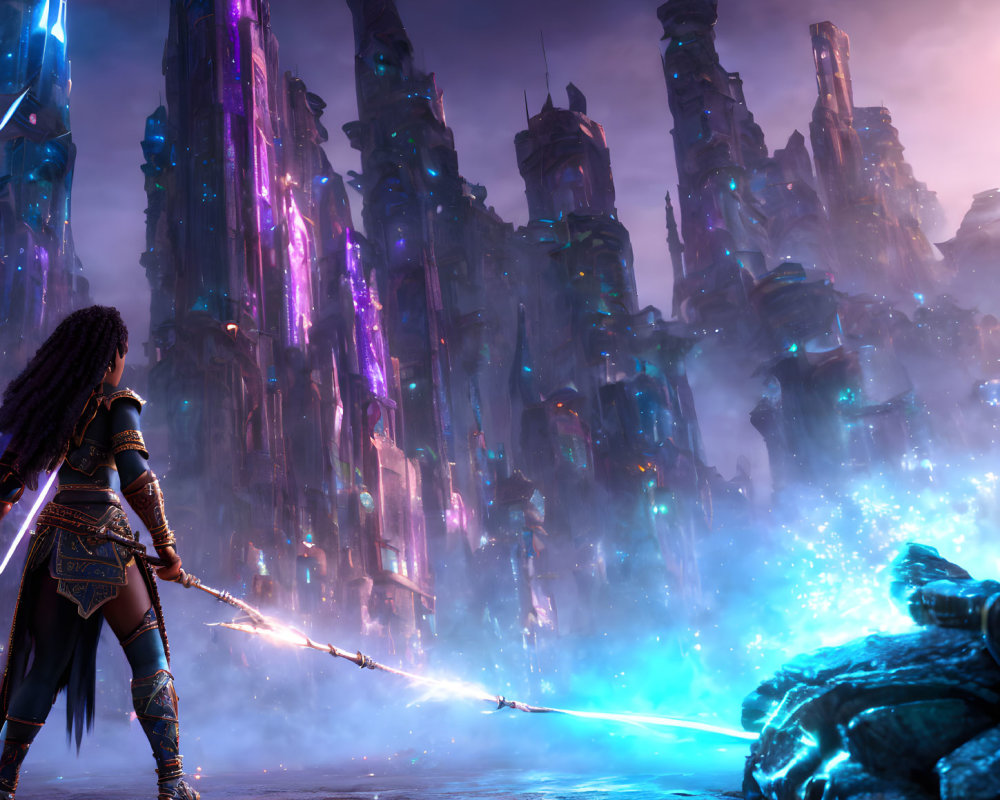 Warrior with glowing spear confronts mystical city with purple crystals.