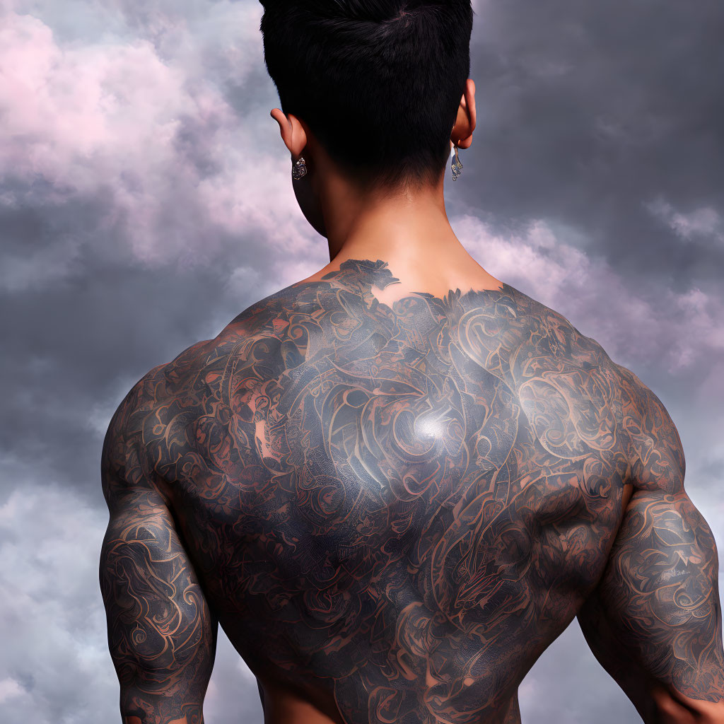 Muscular person with intricate back tattoo under cloudy sky