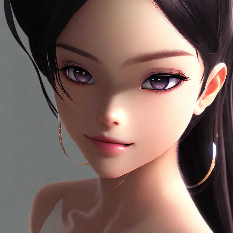 Detailed close-up of 3D-animated female character with expressive eyes, hoop earrings, and long