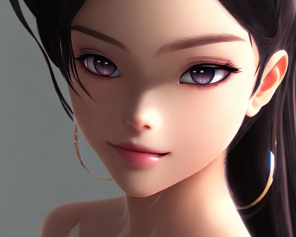 Detailed close-up of 3D-animated female character with expressive eyes, hoop earrings, and long