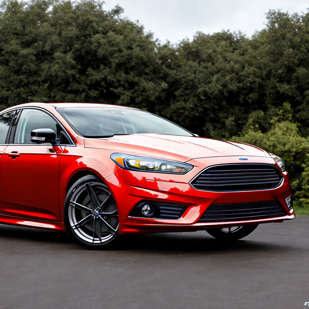 Modern red sedan with alloy wheels parked on green road