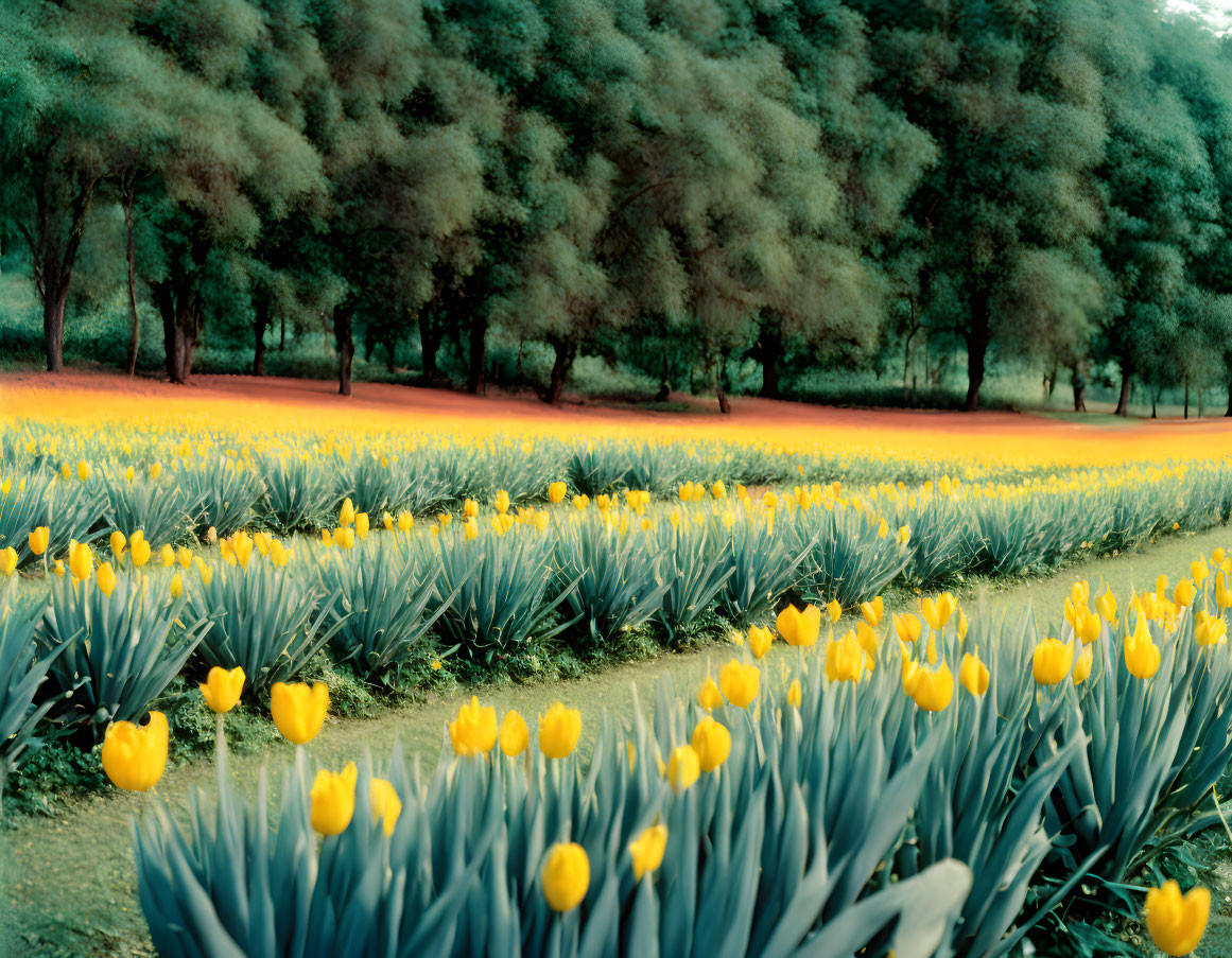 Vibrant yellow tulip field with lush greenery in soft light