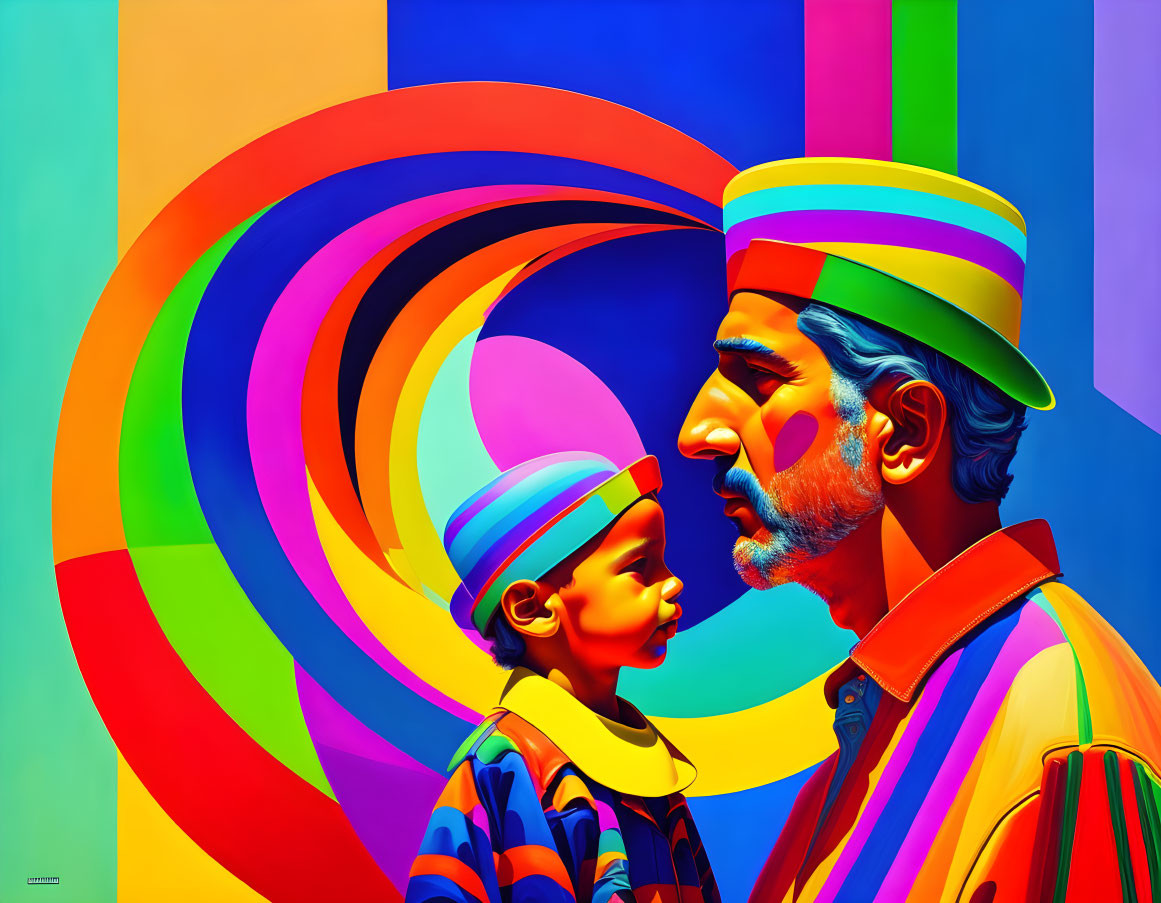 Colorful digital artwork: man and child with swirling patterns