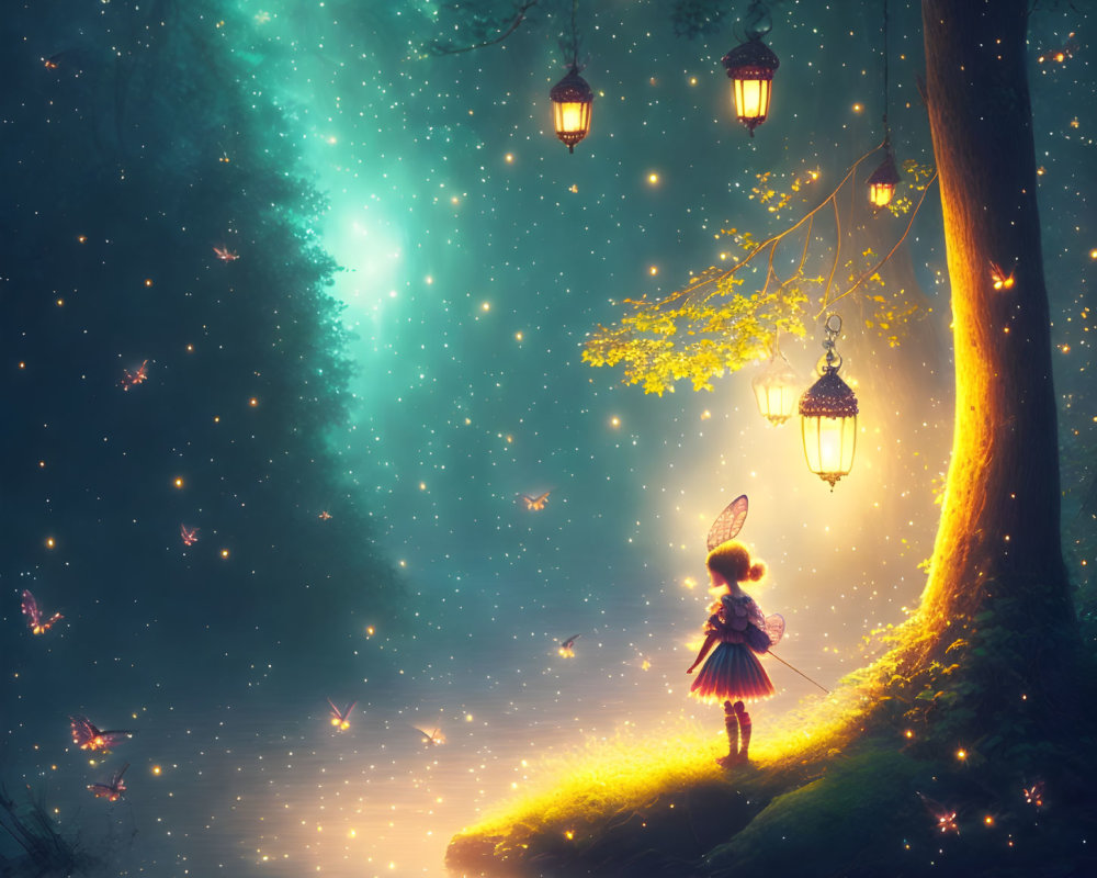 Enchanting forest scene with hanging lanterns, glowing path, and stargazing figure