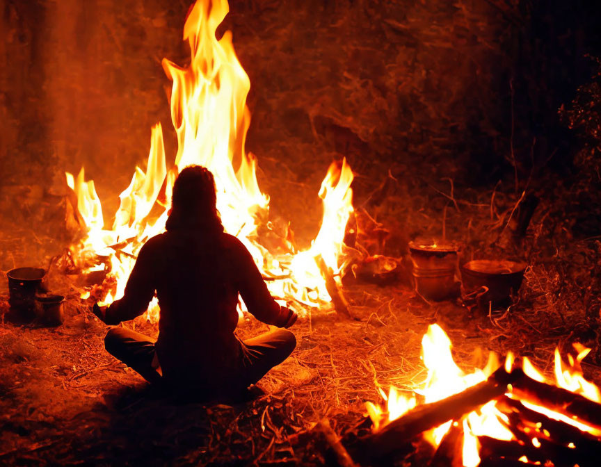 Person sitting by bright campfire at night with camping gear silhouettes