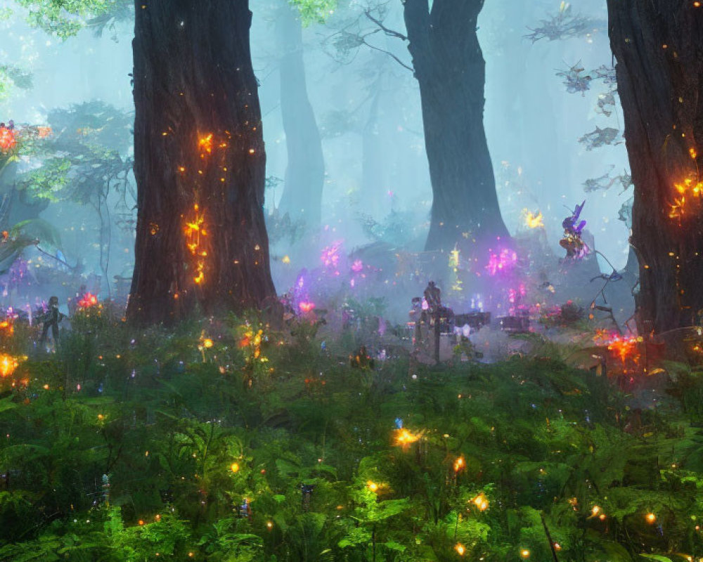 Enchanting Forest with Glowing Plants and Towering Trees