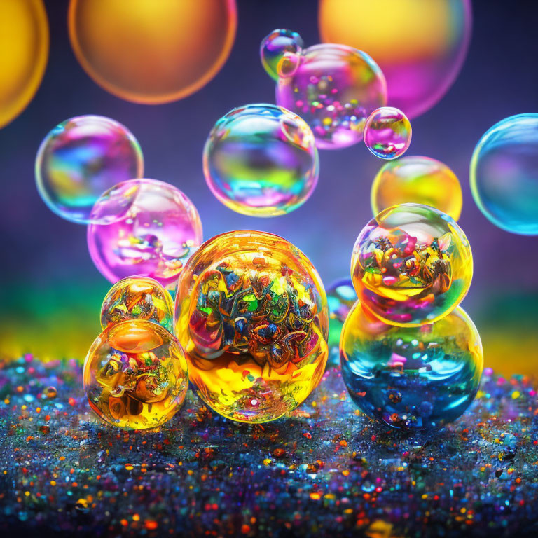 Vibrant glass marbles on glittery surface with floating bubbles