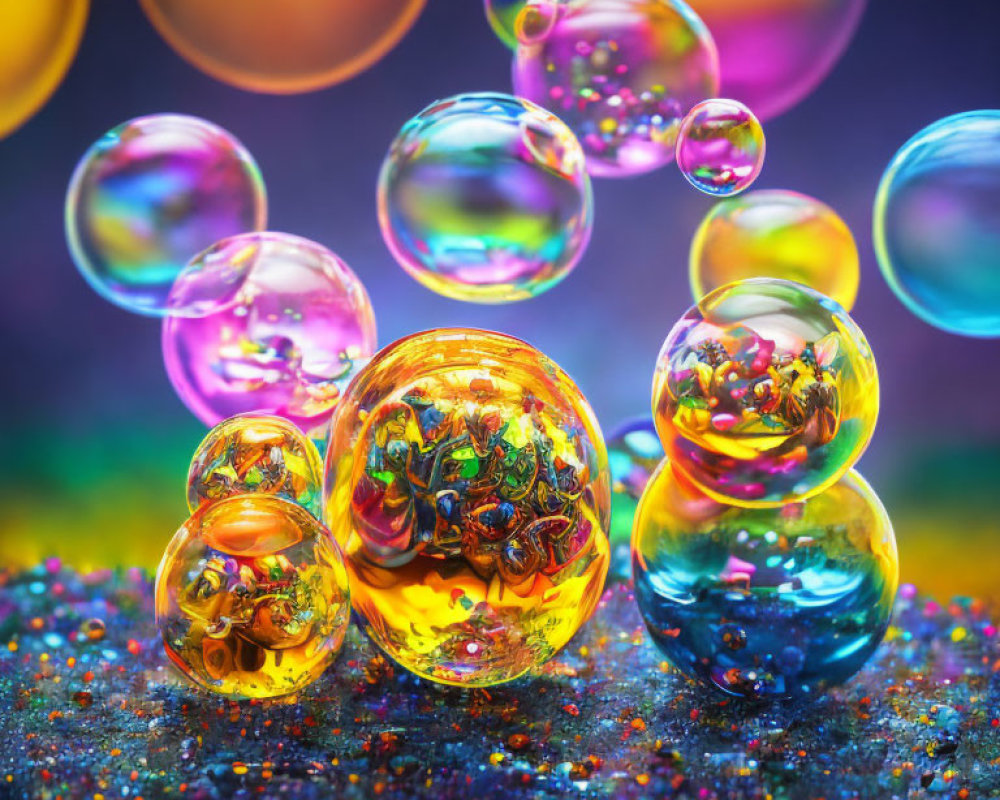 Vibrant glass marbles on glittery surface with floating bubbles