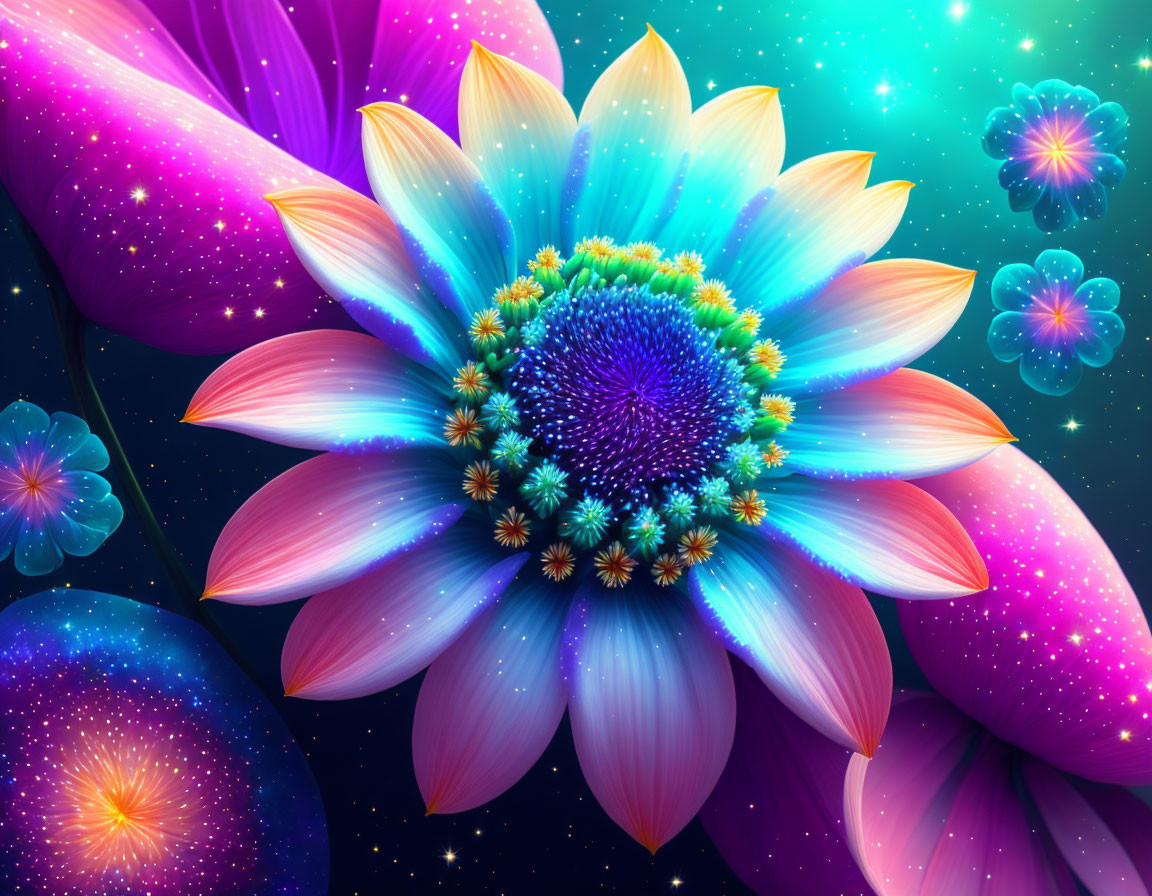 Colorful digital artwork: Blossoming flower on cosmic background with orbs