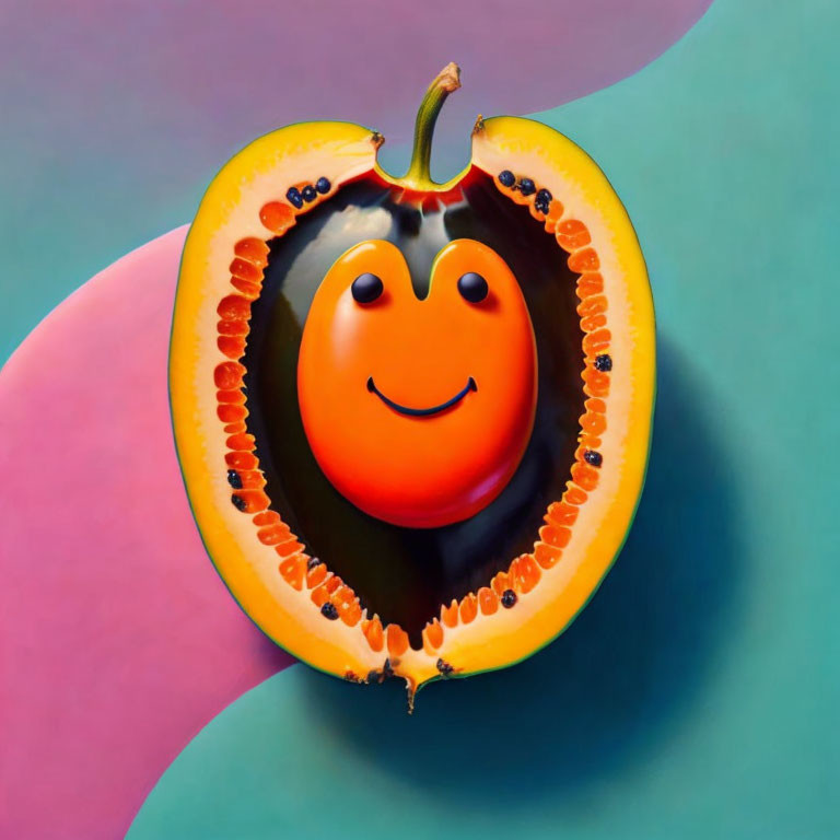 Digitally altered papaya with smiling face on pastel background