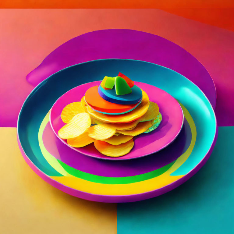 Vibrant still life: stack of pancakes with assorted fruits on colorful plate