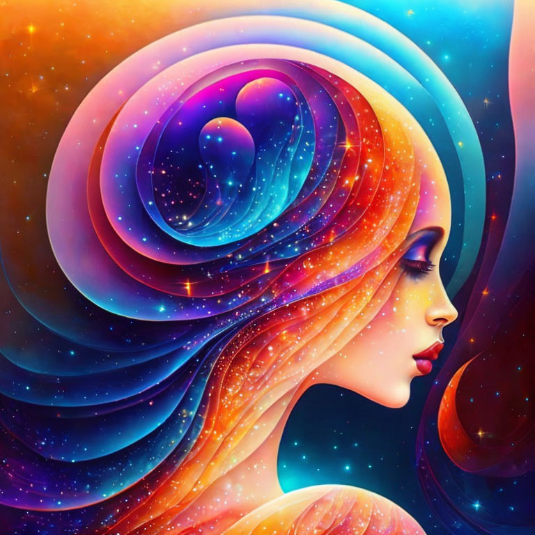 Colorful digital artwork of woman's profile with cosmic hair swirl.