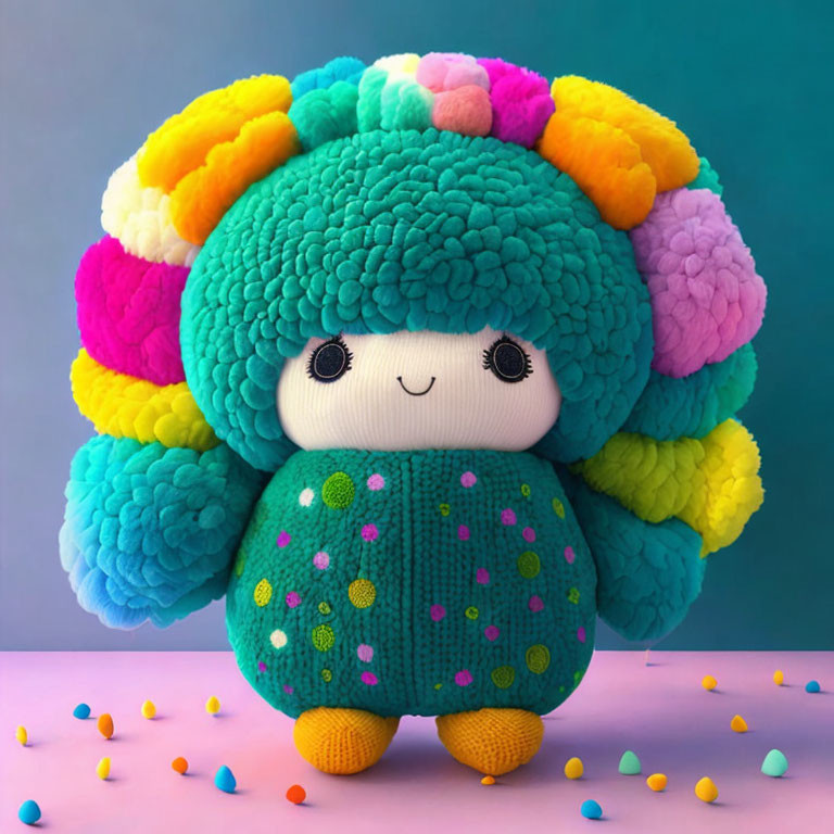 Colorful Plush Toy with Smiling Face and Rainbow Hair on Pink and Blue Background