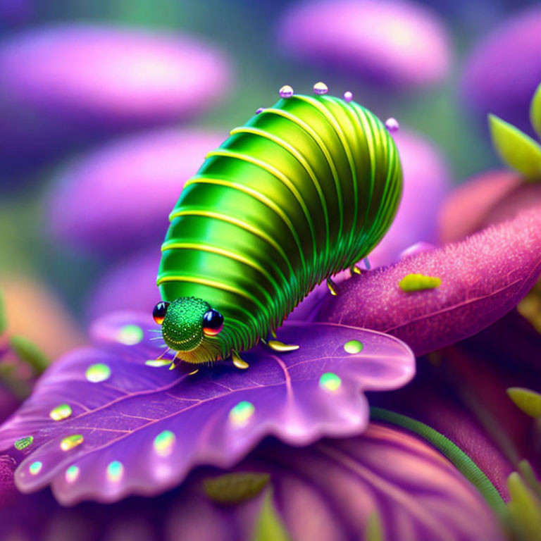Colorful Cartoon Caterpillar on Purple Leaf with Water Droplets