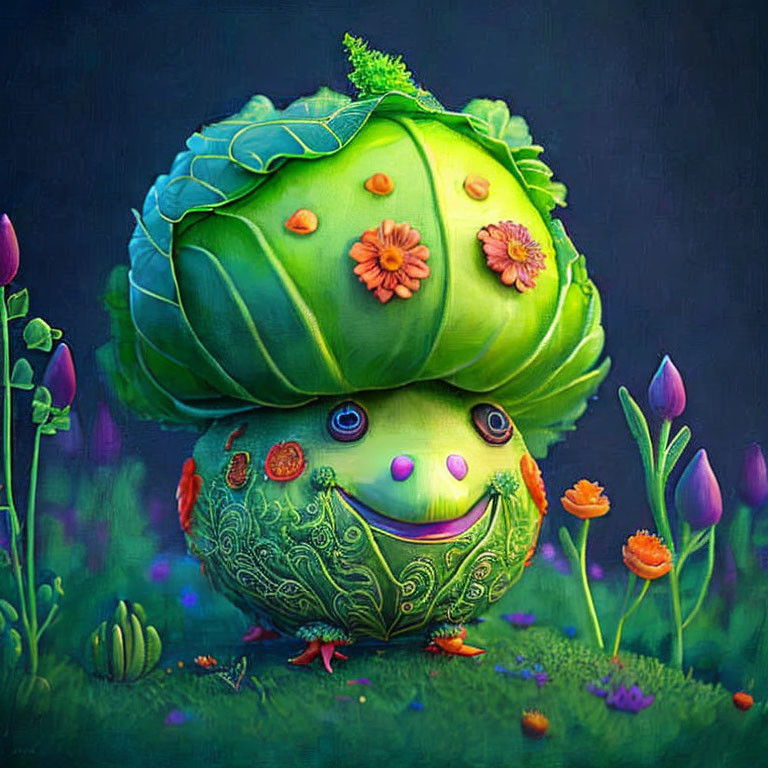 Colorful illustration of smiling cabbage character in whimsical garden