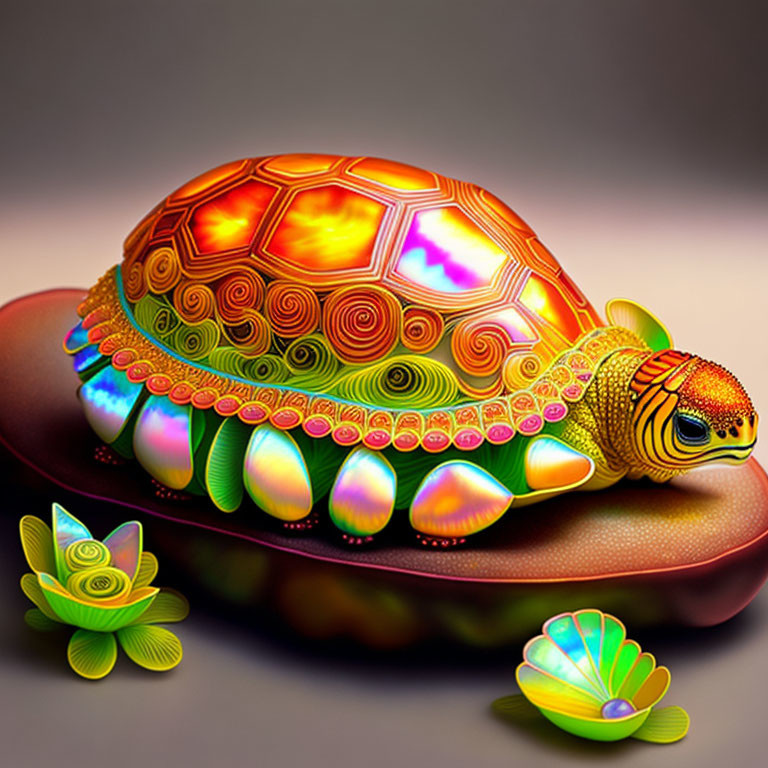 Colorful Turtle Digital Illustration with Glowing Ornate Patterns and Stylized Flowers