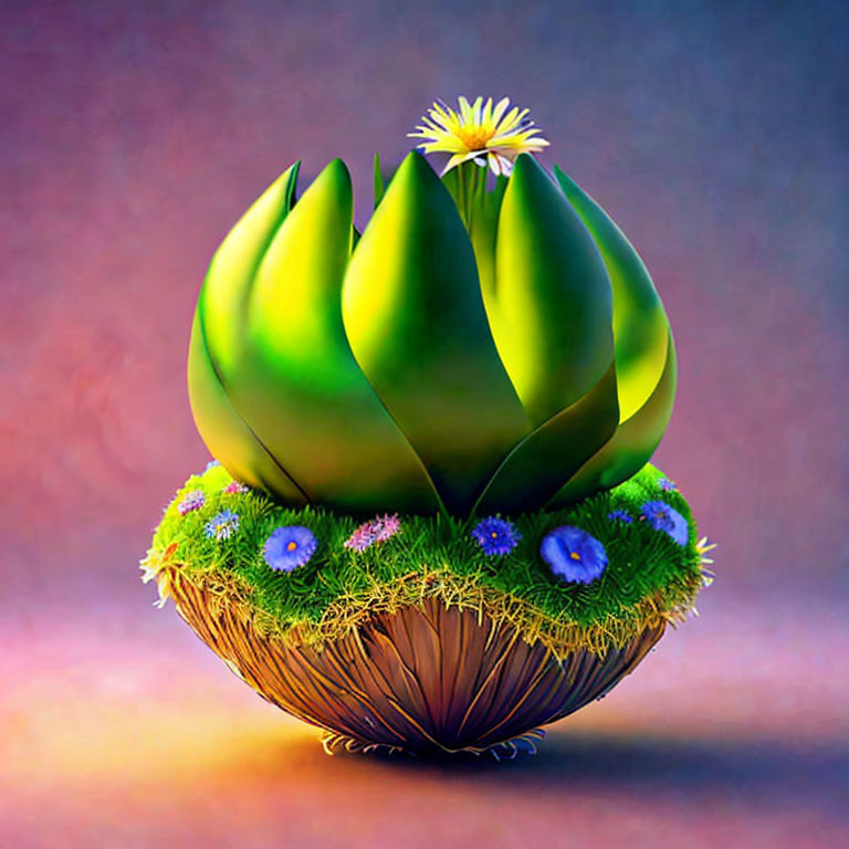 Vibrant green plant illustration with artichoke-like appearance and purple flowers.