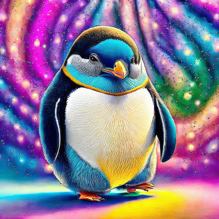 Vivid Penguin Illustration on Whimsical Sparkling Background