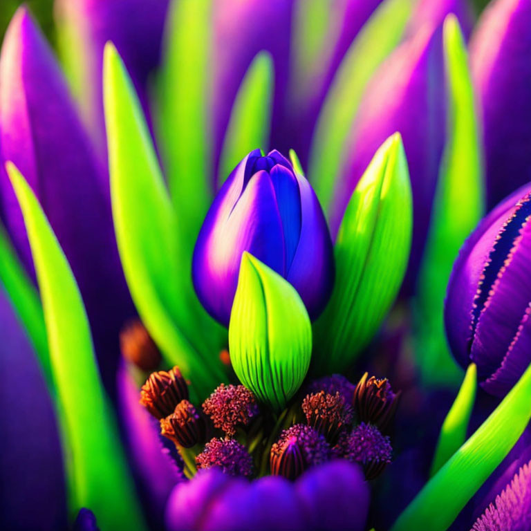 Vibrant purple and green flowers with closed tulip in soft purple lighting