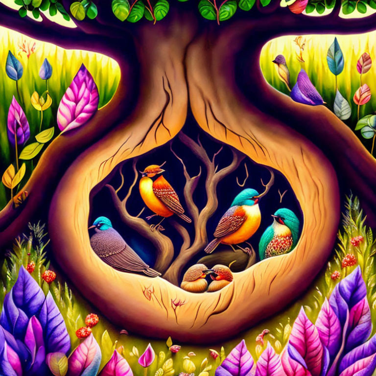 Colorful Birds Nestled in Hollow Tree Amid Luminous Background