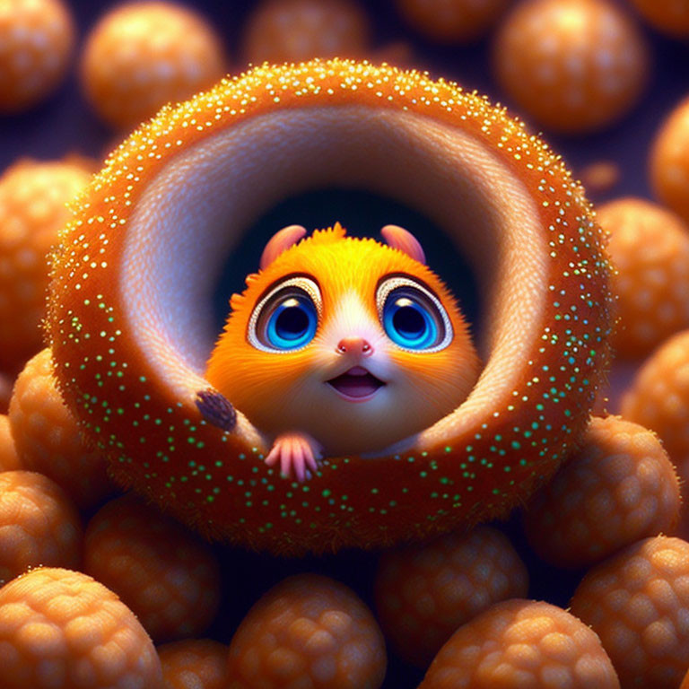 Adorable animated hamster in orange and yellow ring with textured spheres