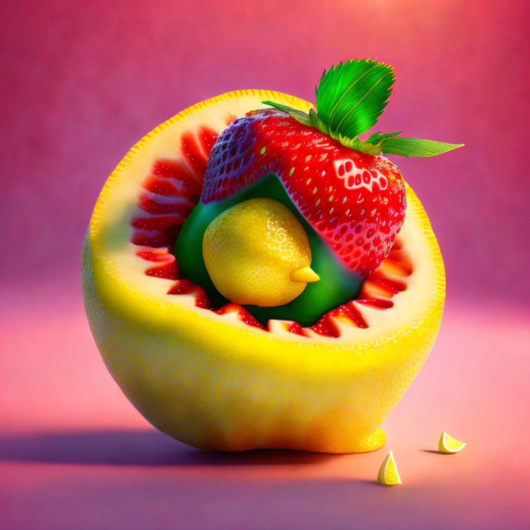 Whimsical digital artwork of lemon, strawberry, and kiwi on pink backdrop