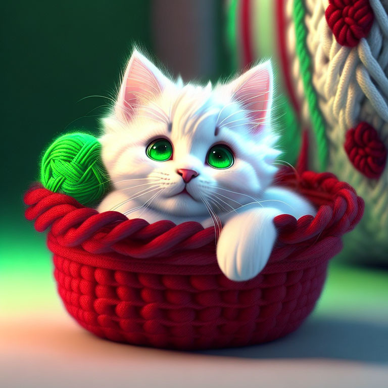 Adorable White Kitten with Green Eyes in Red Basket with Yarn Ball