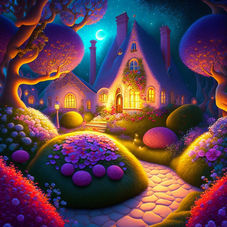 Colorful Cottage Night Scene with Glowing Windows and Fantasy Landscape
