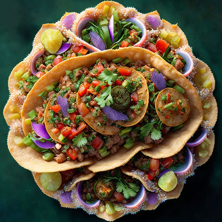 Trio of Ground Meat Tacos with Fresh Ingredients on Dark Background