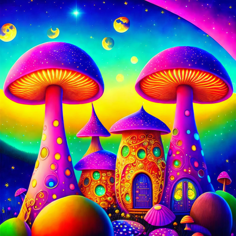 Colorful oversized mushrooms under starry sky: whimsical illustration