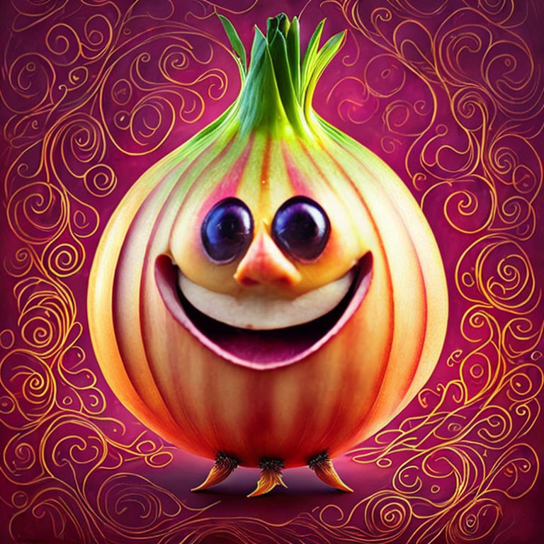 Smiling anthropomorphic onion on purple swirl background