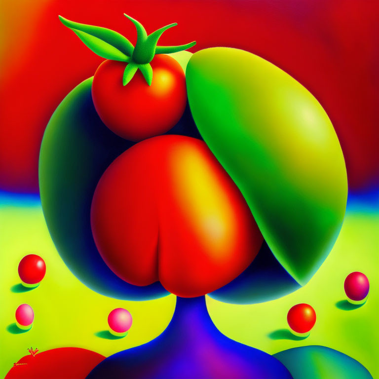 Colorful Surreal Art: Red Tomato on Blue Pedestal with Mango
