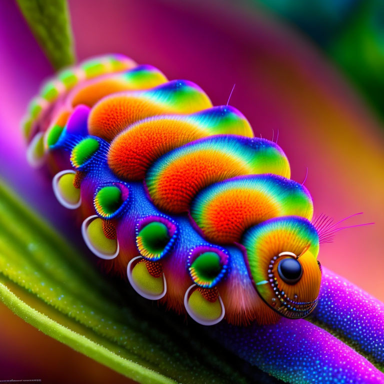 Vibrant caterpillar with colorful patterns on green stem