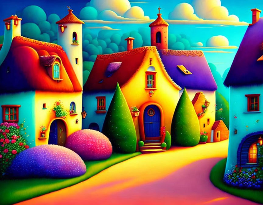 Colorful Whimsical Village with Stylized Houses and Lush Greenery