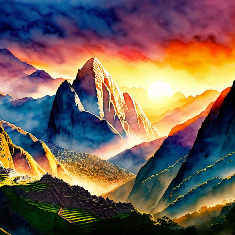 Colorful Watercolor Painting of Mountainous Landscape at Sunrise