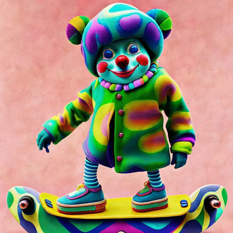 Colorful Clown Skateboarding on Pink Background