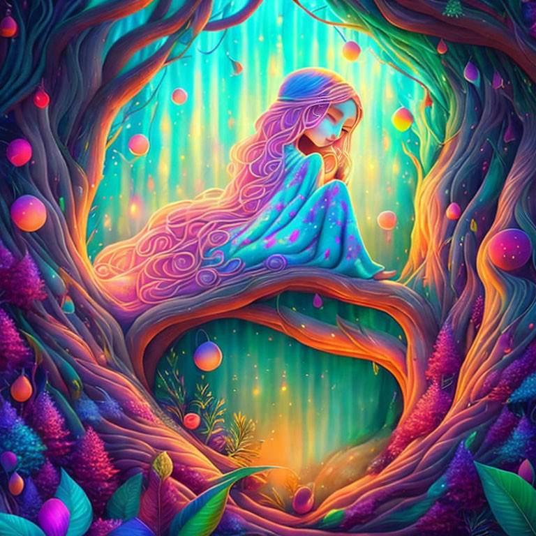 Mystical woman embraced by tree in vibrant forest scene