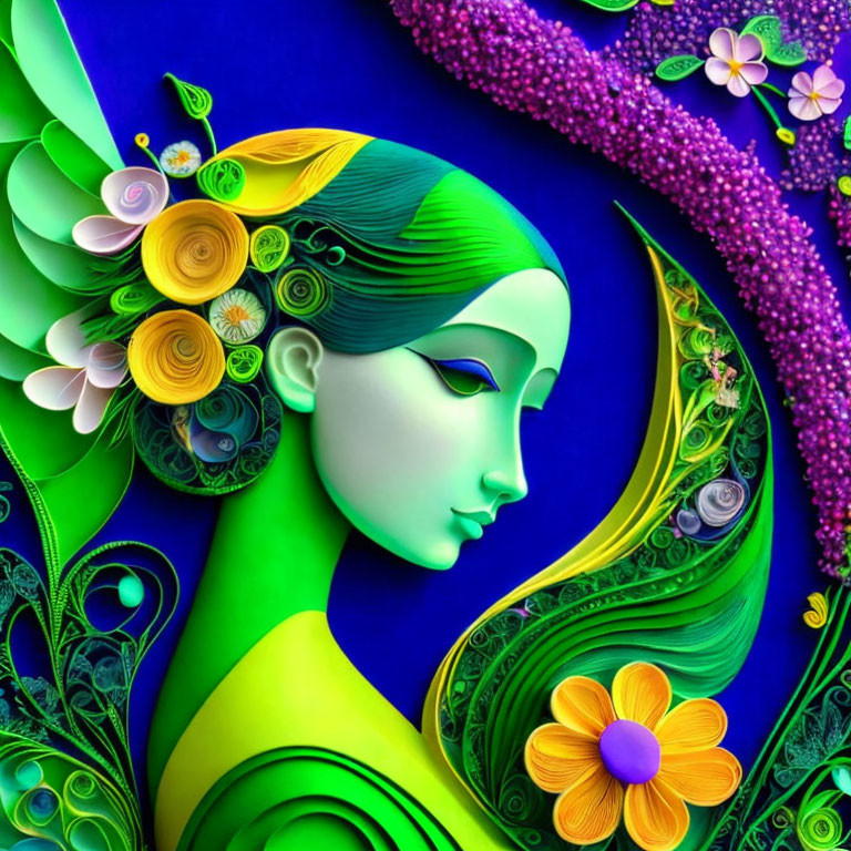 Digital artwork featuring woman with green skin and floral hair in colorful nature background