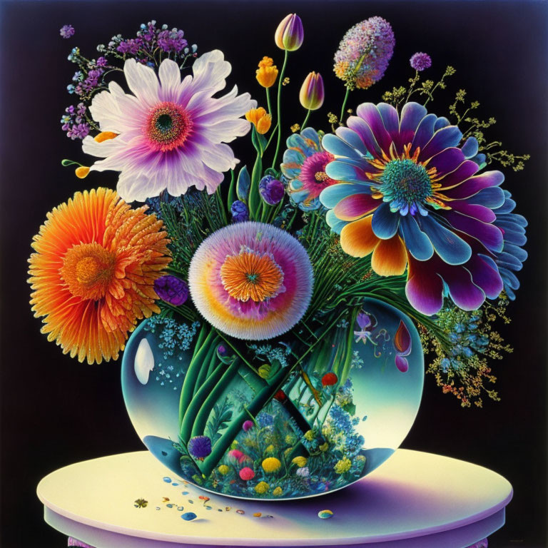 Colorful Flowers in Round Transparent Vase on Dark Background