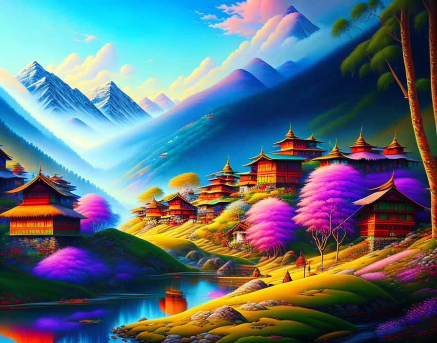 Colorful Asian-style valley illustration with mountains and river