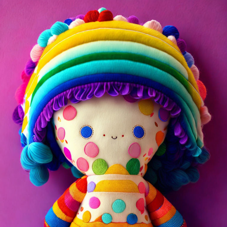 Multicolored Fabric Doll with Polka-dot Body and Yarn Hair on Purple Background