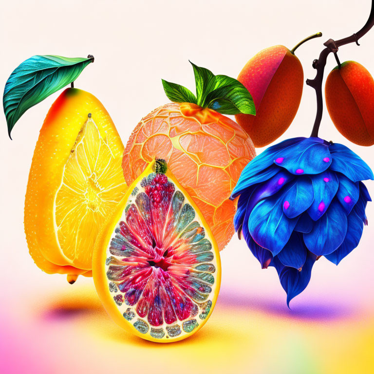 Colorful digital artwork featuring sliced citrus fruits, berries, and a surreal glowing flower